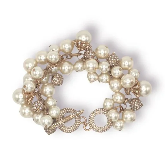 NEW Badgley Mischka Pearl & Pave Rhinestone Bead Gold Dangle Wedding Bracelet - Picture 2 of 8